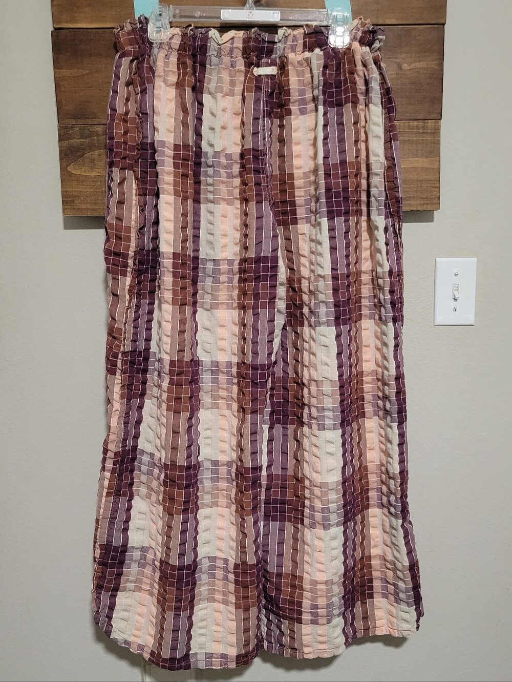Free People Peach Plaid Wide-Leg Find The Time Textured Lounge Pants Large - Picture 2 of 8